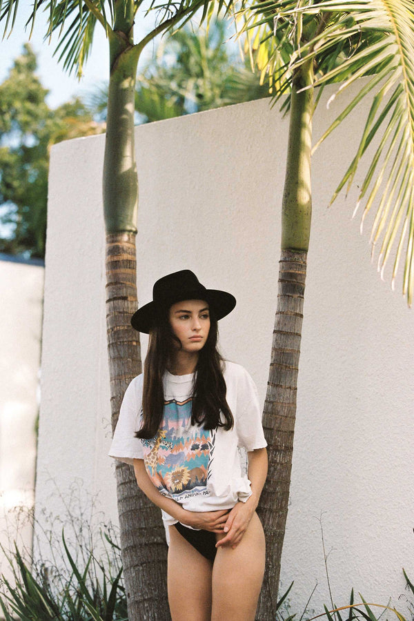 A model wearing a black wool felt fedora hat, standing near palm trees.