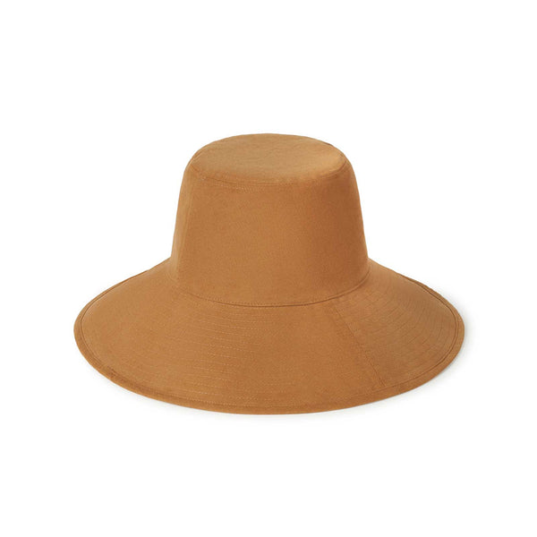 Tan corduroy wide-brimmed bucket hat with self-fabric ties