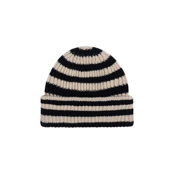 Jowan Beanie - Black/Stone stripe, made in Italy with 80% Fine Merino Wool
