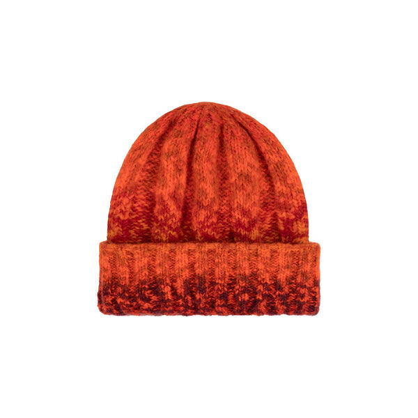Kai Beanie - Flame color, variegated rib detail, made from alpaca and wool blend