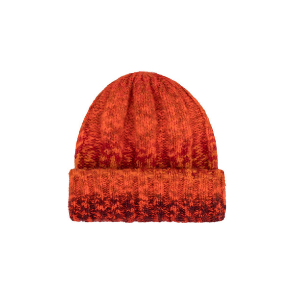 Kai Beanie - Flame color, variegated rib detail, made from alpaca and wool blend