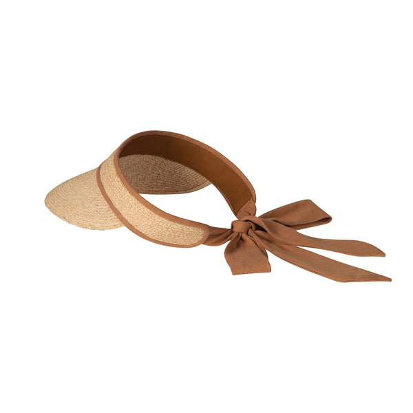 Linen Visor with adjustable linen ties and hand braided raffia brim