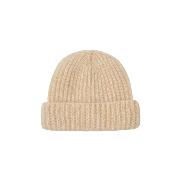 Mason Beanie in Cashew color, lightweight ribbed design, made from mohair and alpaca blend