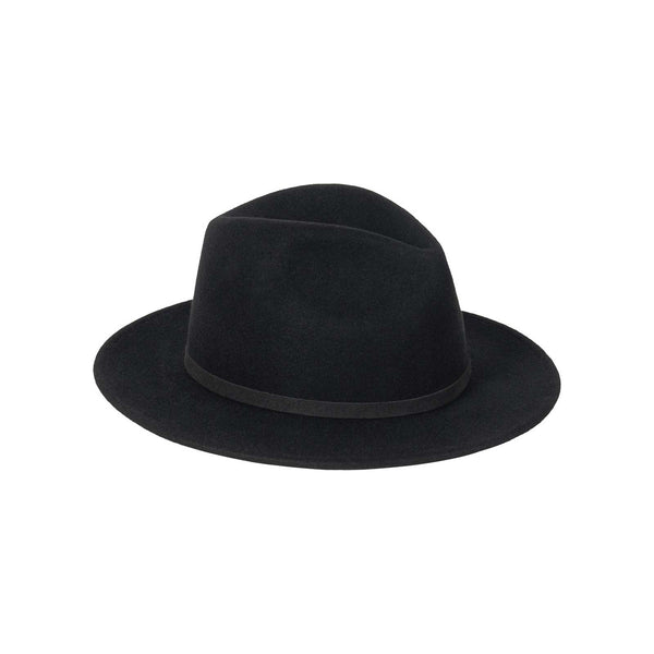 The Palo Fedora in Black, a soft wool felt hat with a flat brim and faux-suede trim.