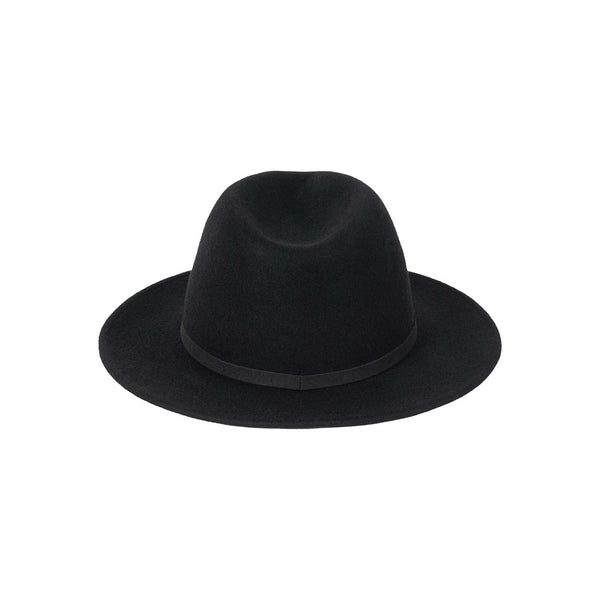 The Palo Fedora in black, a short brim fedora made of 100% Australian wool felt with a faux-suede trim.