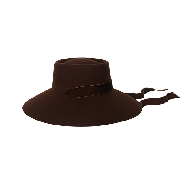 Paloma Midi Boater Hat in rich ebony brown with detachable neck ties