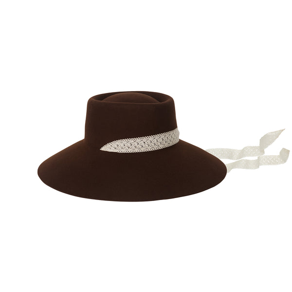 Paloma Midi Wool Felt Boater Hat in rich ebony brown with detachable cream lace ribbon