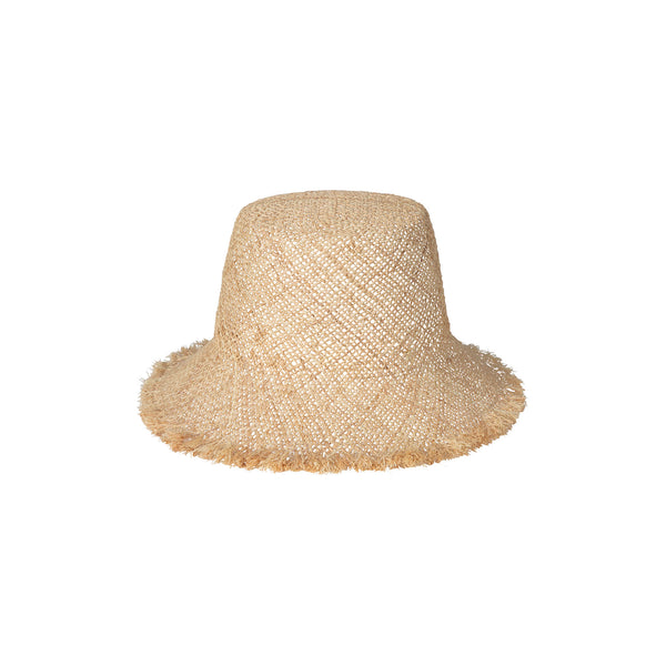 Natural raffia bucket hat with frayed edge, perfect for beach days.