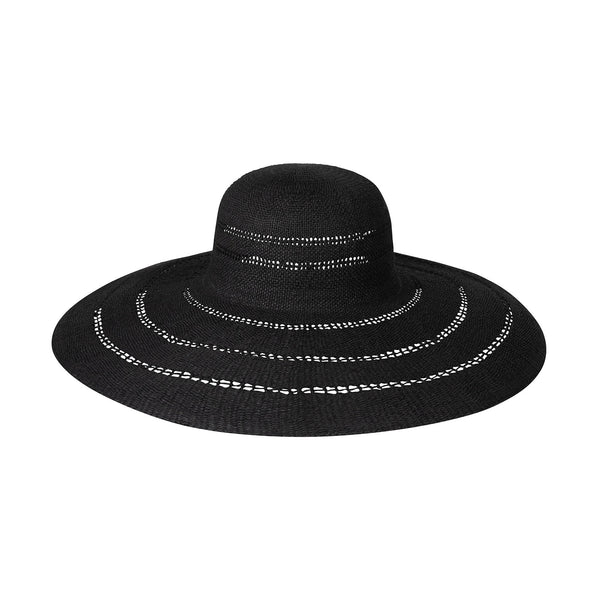 Riviera Ultrawide Straw Boater Hat in Black with wide brim and decorative stitching