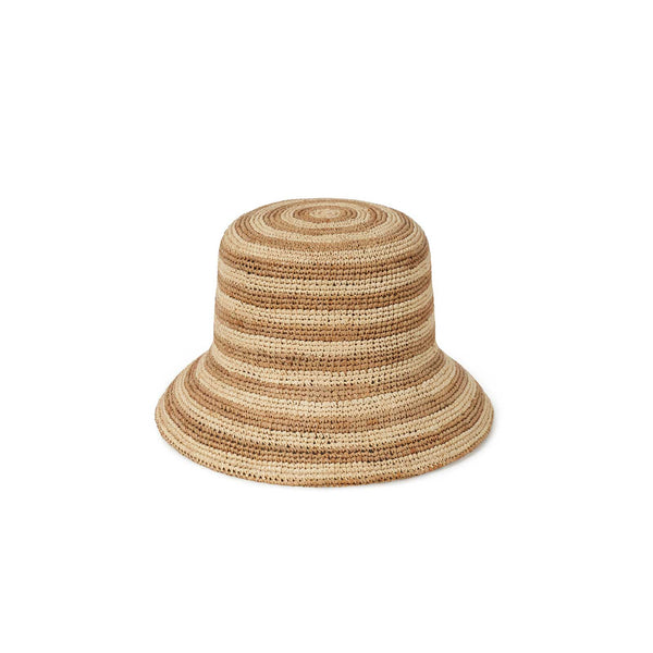 Mocha striped Inca Bucket hat made of raffia straw