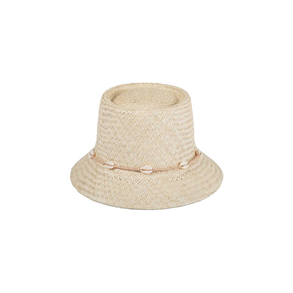 Natural straw bucket hat with seashell trim, featuring a wide brim and classic design.