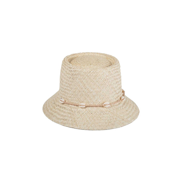 The Inca Bucket - Seashells, off-white straw bucket hat with beaded chin strap