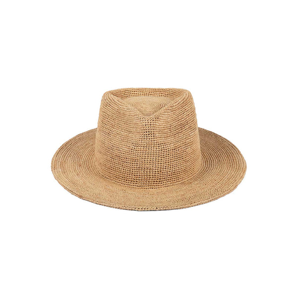 Natural raffia straw fedora hat with a wide brim and classic crown height.