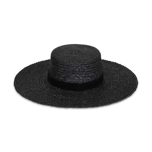 Mira Wide Boater - Black straw hat with wide brim and black faux suede ribbon
