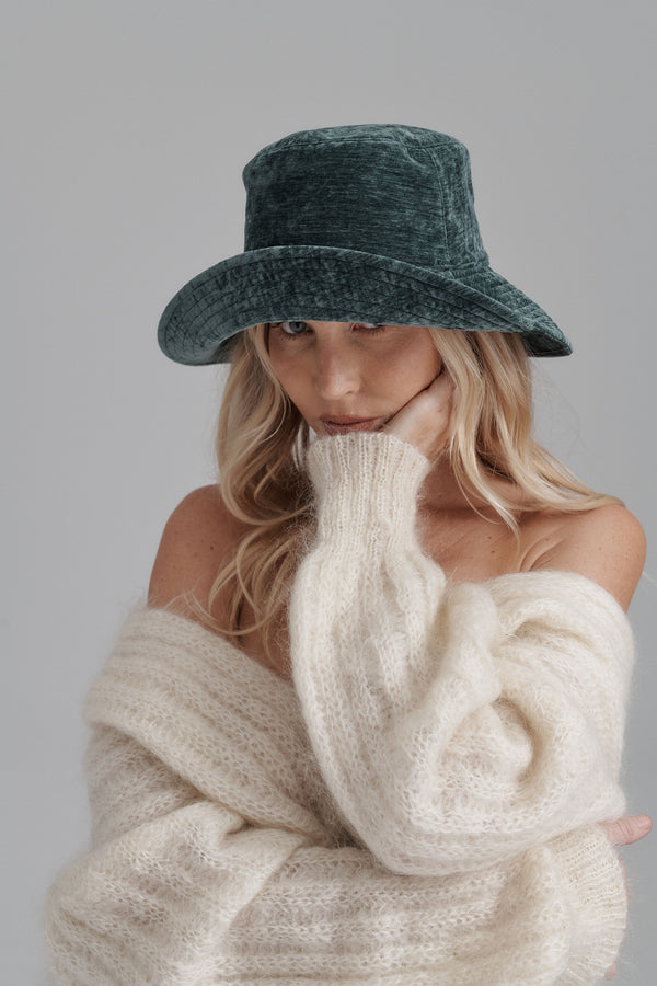 Vacay Bucket - Teal Velvet Bucket Hat worn by a model