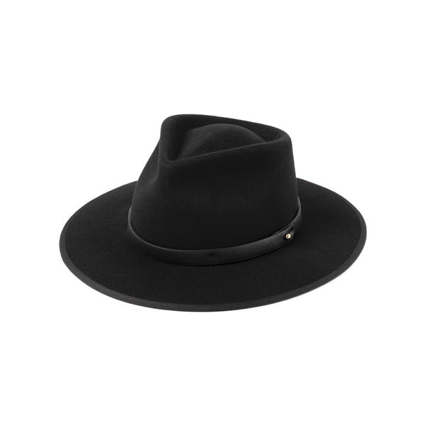 Diego black wool felt fedora hat with vegan leather band and gold stud detail