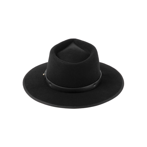 Diego - Black Wool Felt Fedora with vegan leather band and gold stud detail