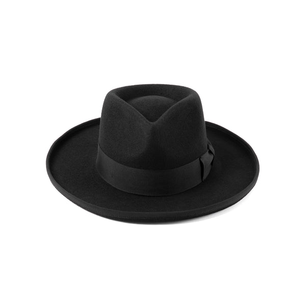 Black wool felt fedora hat with a wide brim and grosgrain ribbon detail.