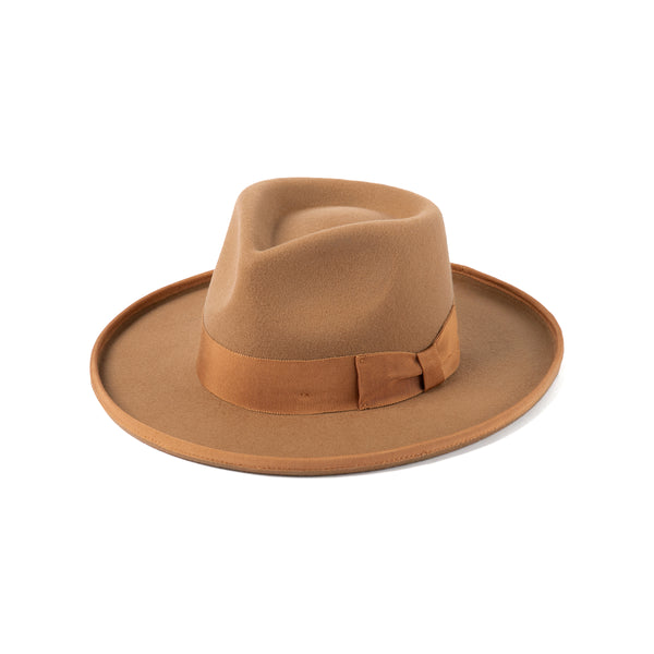Pierre Wool Felt Fedora Hat in Brown with a wide brim and ribbon band