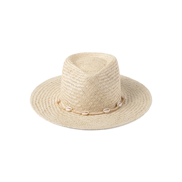 Off-white straw fedora with seashell chin strap, 8 cm brim