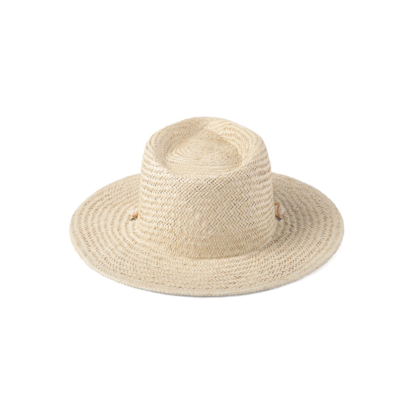 Off-white straw fedora with beaded seashell chin strap