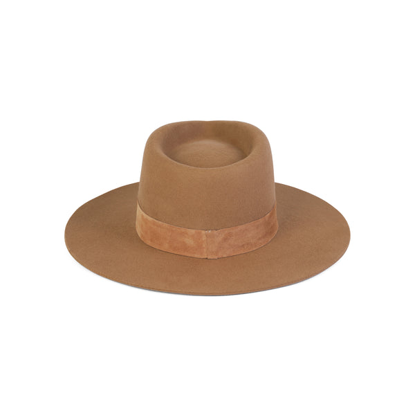 Teak brown fedora hat with a genuine suede band, crafted from 100% Australian wool.