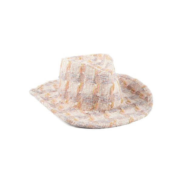 Tweed Cowboy fedora hat made from multicolor tweed with pink, cream, yellow, and purple accents