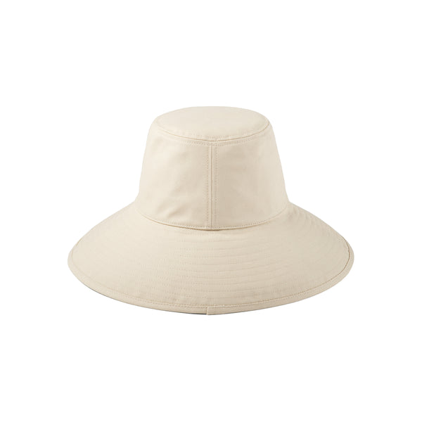 Beige cotton bucket hat with wide brim and neck tie, UPF 50+ sun protection