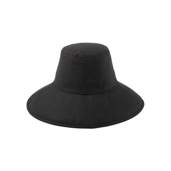 Black cotton bucket hat with wide brim and neck tie, UPF 50+ sun protection