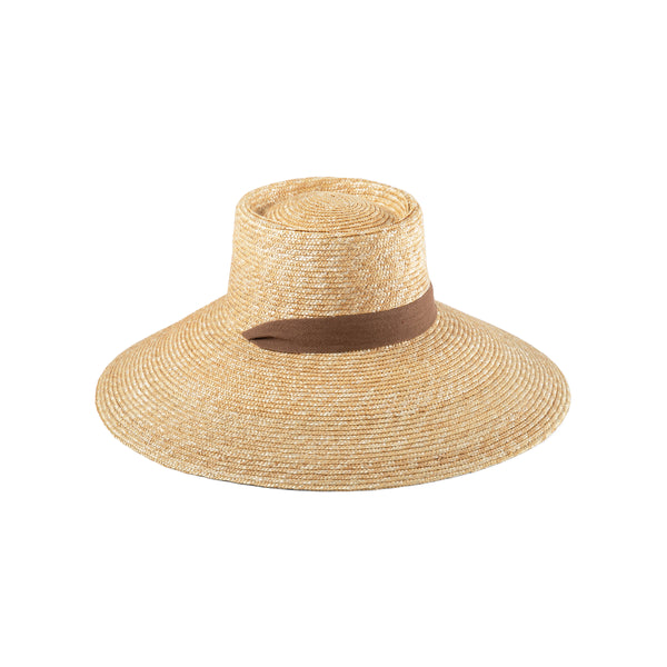Paloma Sun Hat made from natural wheat straw with a chocolate brown cotton neck tie