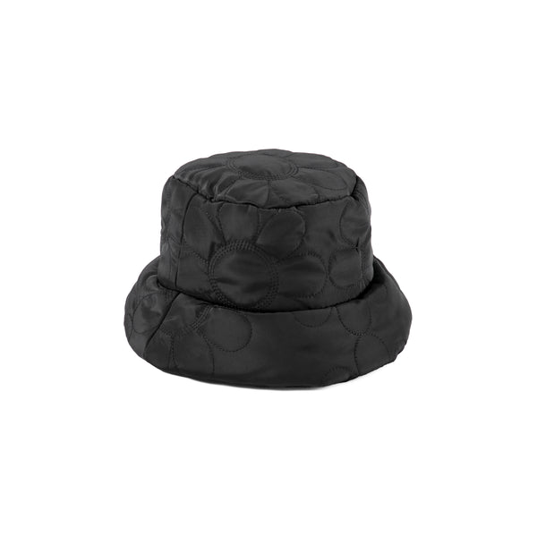 Black puffer bucket hat with custom flower pattern detail