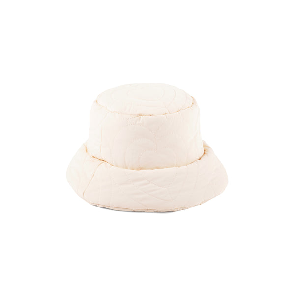 Cream puffer bucket hat with a short brim and custom heart pattern detail