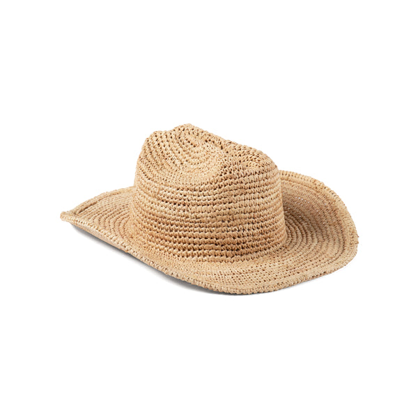 Raffia Cowboy hat in natural color, showcasing a wide brim and textured design.