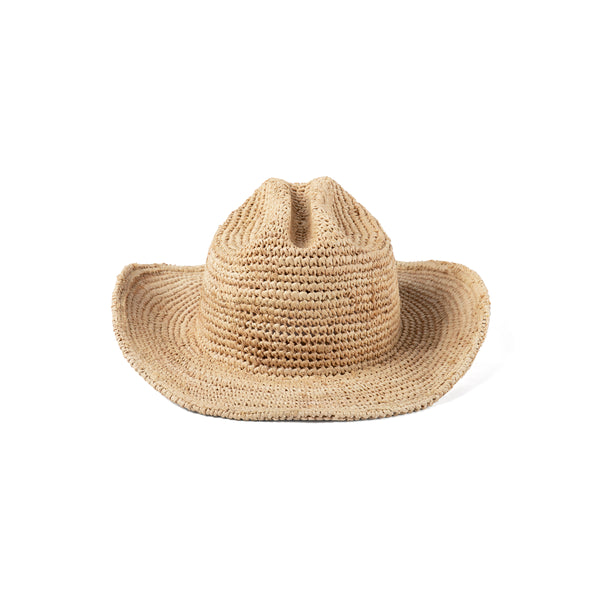 Raffia cowboy hat made from natural straw, featuring a classic western silhouette.