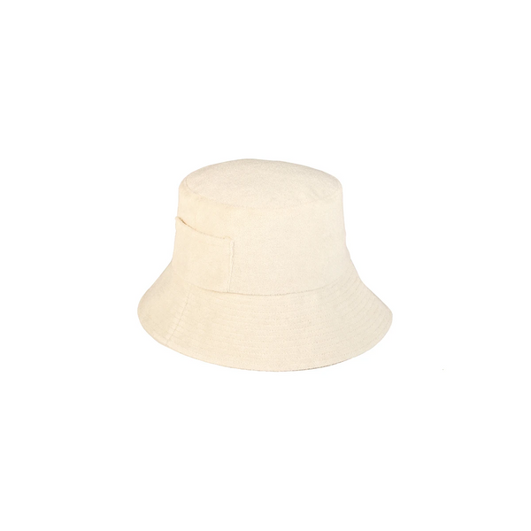 Kids Wave Bucket hat in beige terry cloth with side pocket and neck tie