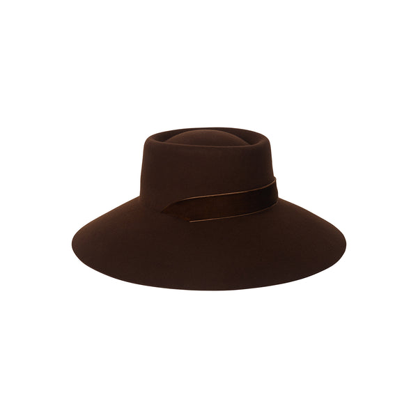 Paloma Midi Wool Felt Boater Hat in rich ebony brown with detachable ribbons