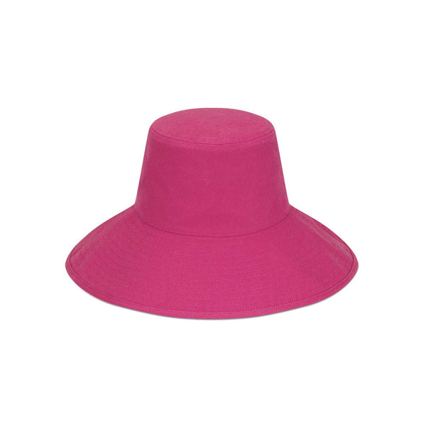 Fuchsia cotton bucket hat with wide brim and self-fabric ties