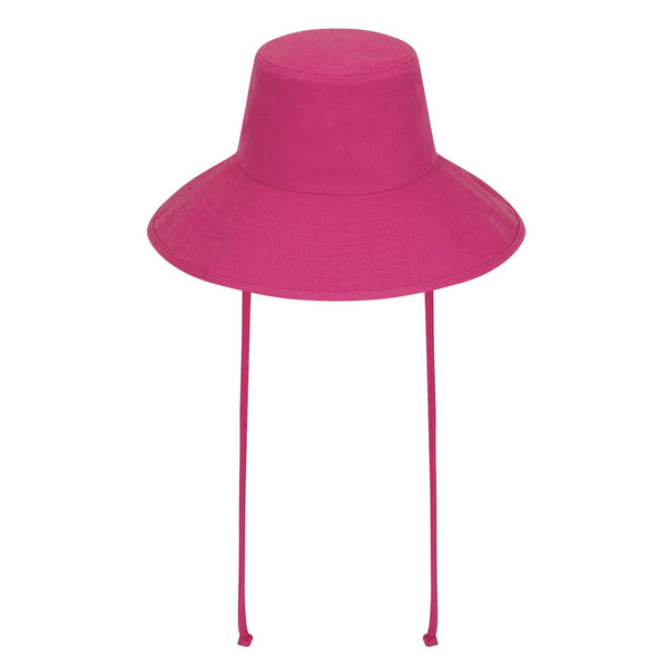 Fuchsia cotton bucket hat with self-fabric ties, UPF 50+ sun protection
