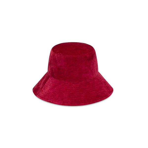 Fuchsia velvet bucket hat with a mid brim