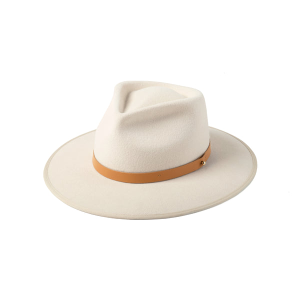 Diego - Ivory Wool Felt Fedora Hat with vegan leather band and gold stud detail