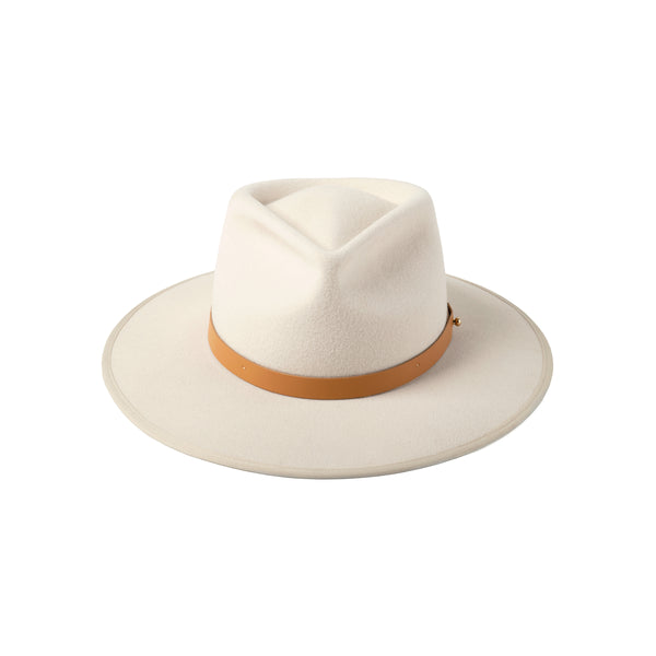 Diego - Ivory Wool Felt Fedora Hat with Vegan Leather Band and Gold Stud Detail