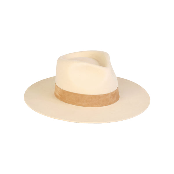 Ivory fedora hat with a soft suede band, crafted from 100% Australian wool