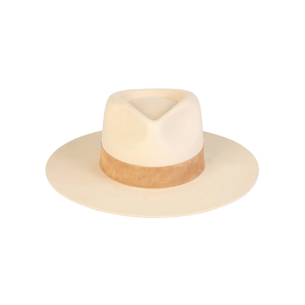 Ivory fedora hat with a soft suede band, crafted from 100% Australian wool