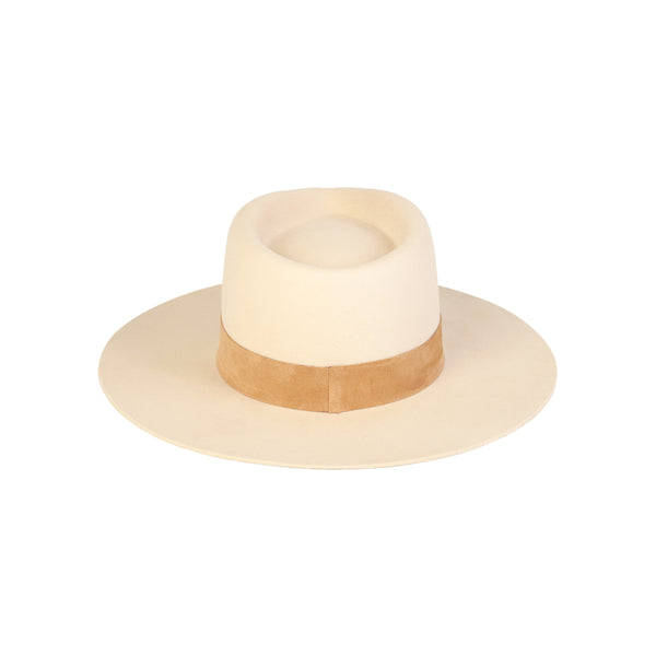 Ivory fedora hat with a soft suede band, crafted from Australian wool