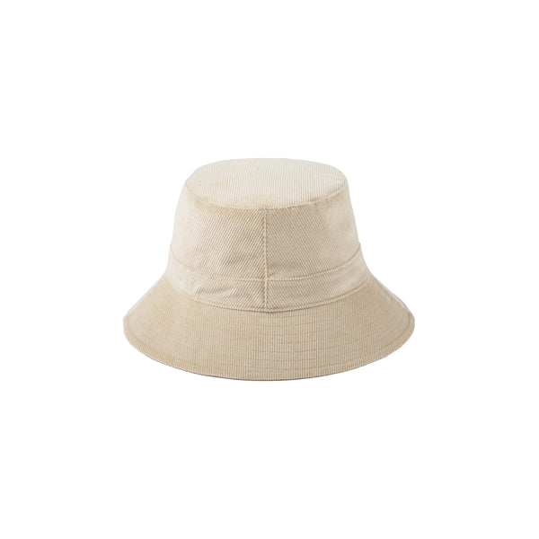 Beige corduroy bucket hat with UPF50+ protection and a 6.5cm brim