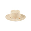 Natural straw boater hat with decorative band, perfect for summer.