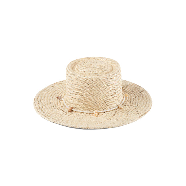 Off-white palm straw boater hat with seashell chin strap and beads