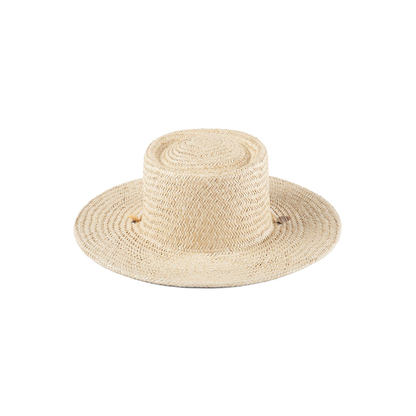 Off-white palm straw boater hat with seashell chin strap
